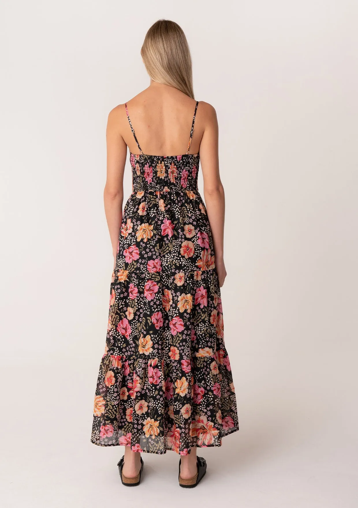 Floral Sleeveless Button Front Tiered Maxi Dress