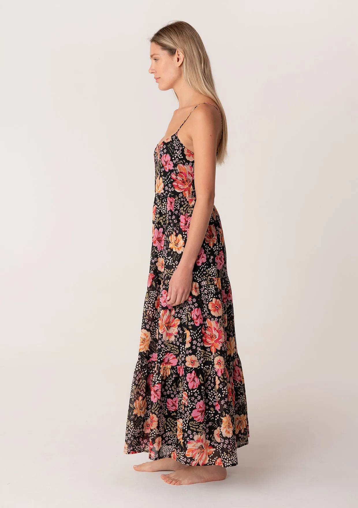 Floral Sleeveless Button Front Tiered Maxi Dress