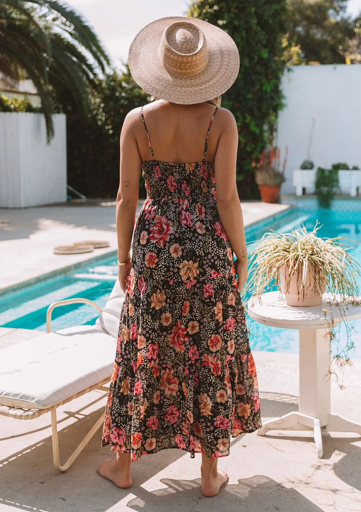 Floral Sleeveless Button Front Tiered Maxi Dress