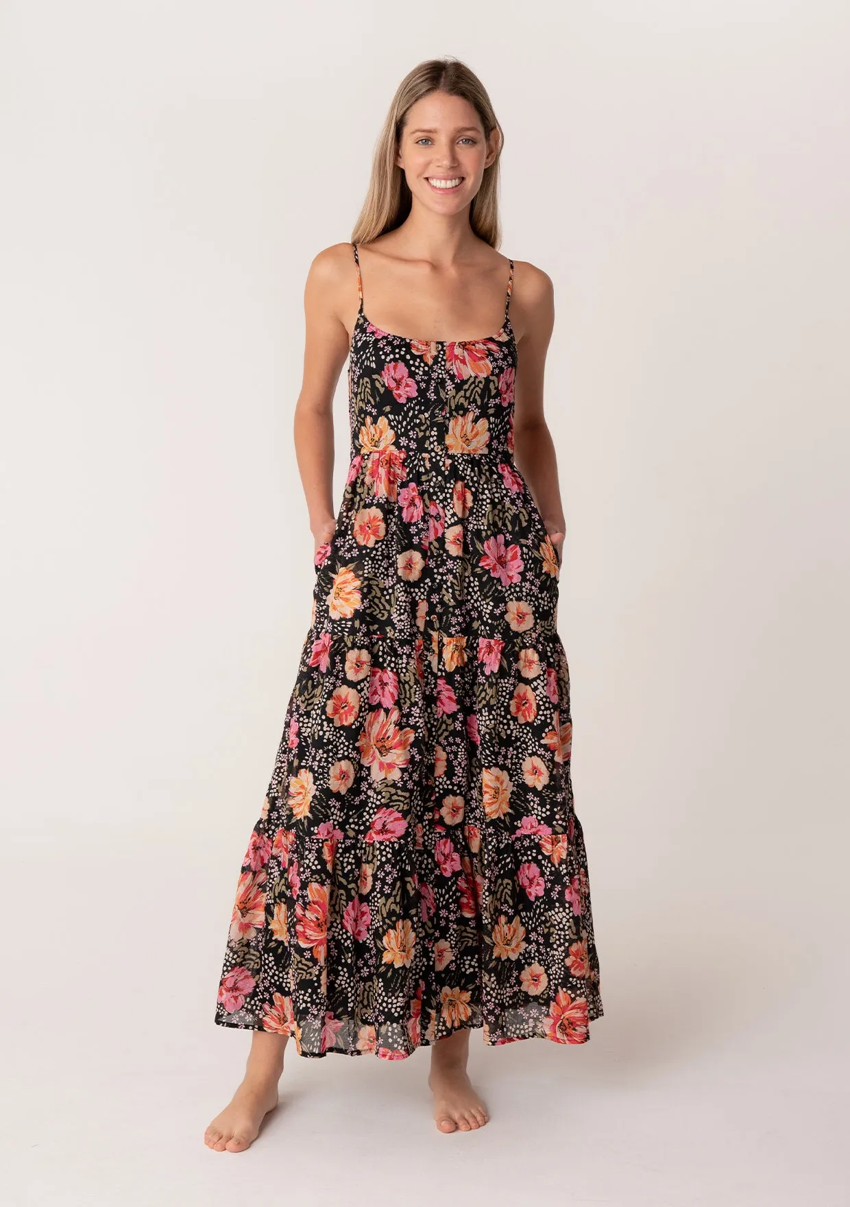 Floral Sleeveless Button Front Tiered Maxi Dress