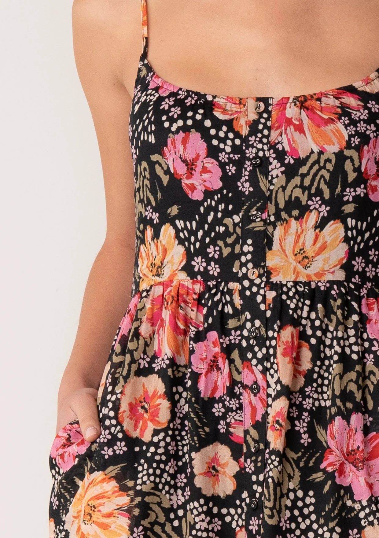 Floral Sleeveless Button Front Tiered Maxi Dress