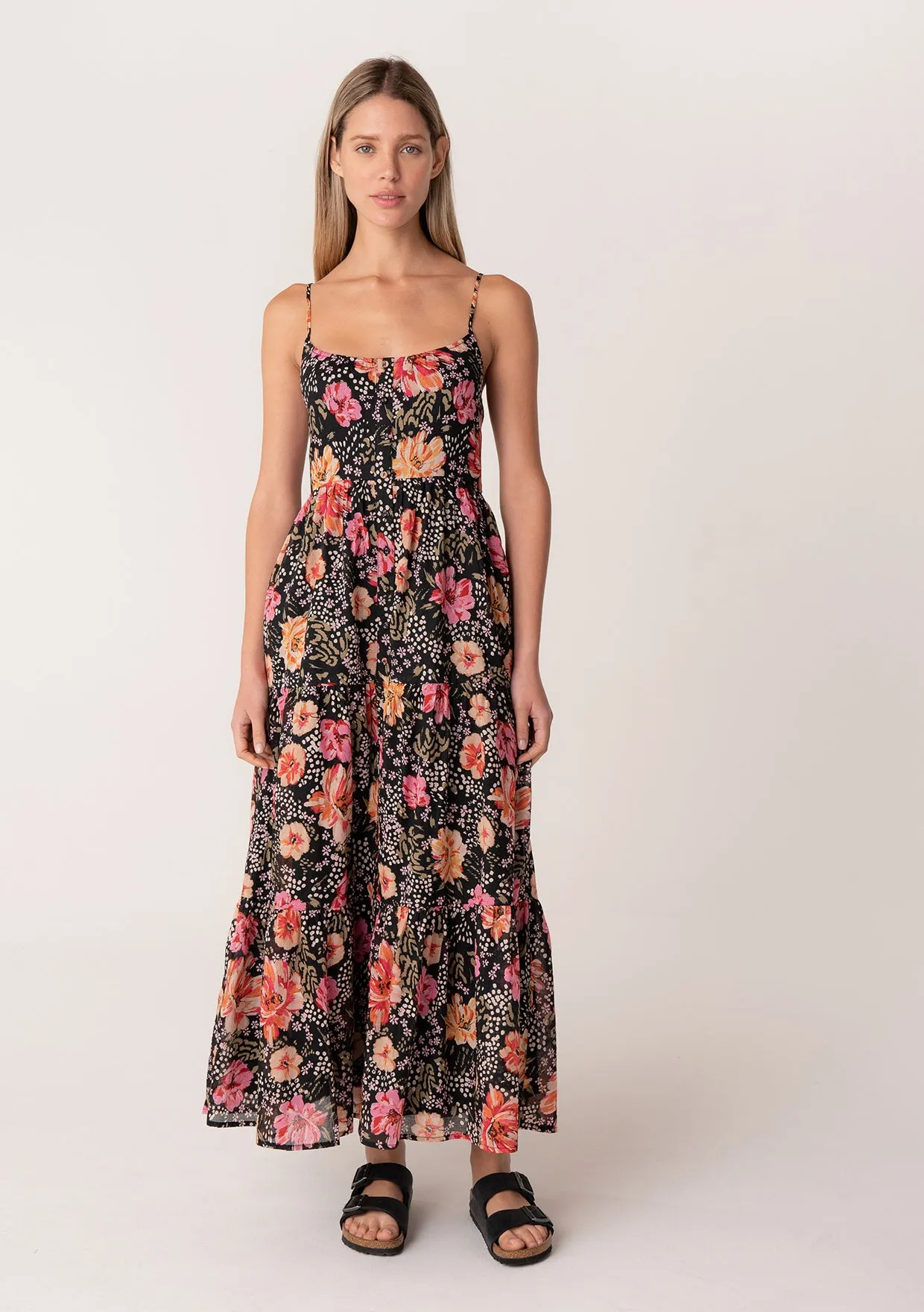 Floral Sleeveless Button Front Tiered Maxi Dress