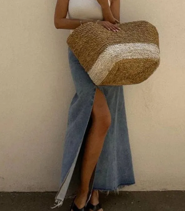 Fringed Hem Split-Front Denim Skirt - SALE