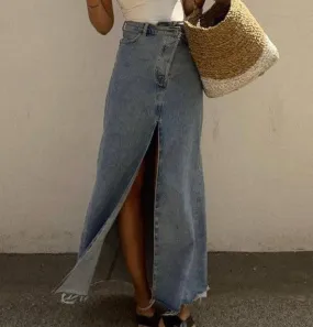Fringed Hem Split-Front Denim Skirt - SALE