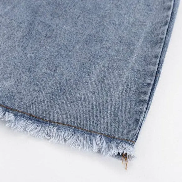 Fringed Hem Split-Front Denim Skirt - SALE