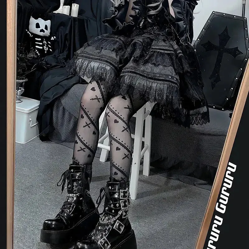 Gothic Black Lolita Heart Cross Tights