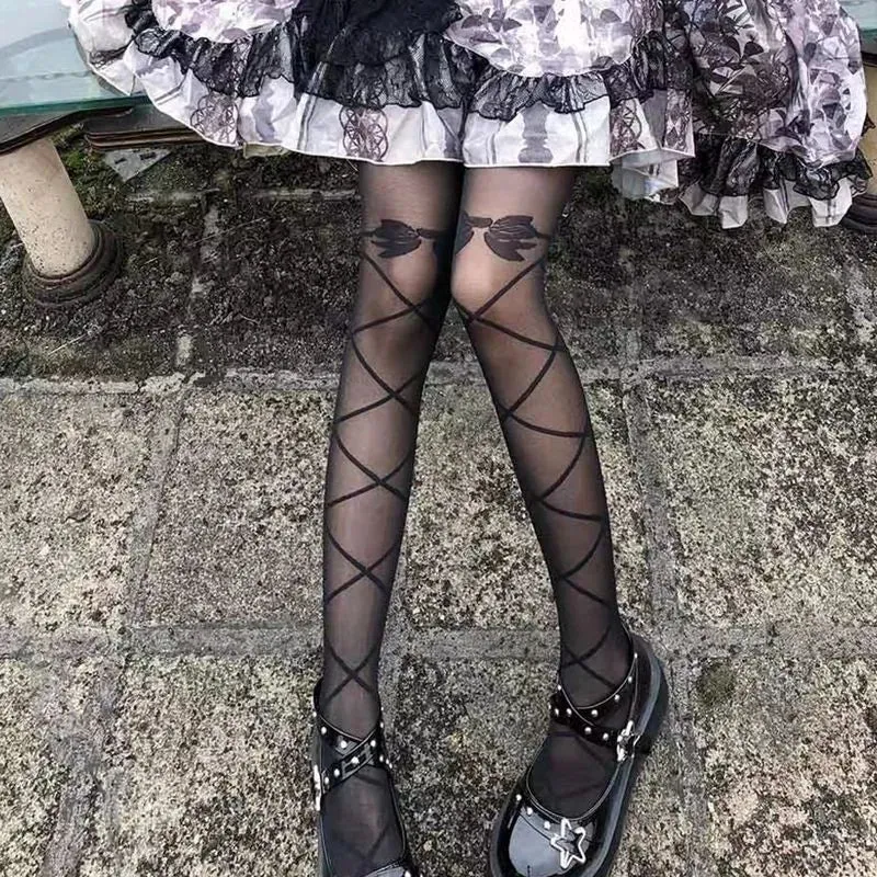 Gothic Black Lolita Heart Cross Tights