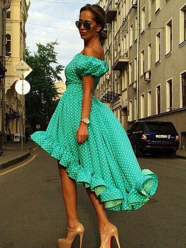Green Polka Dot Off Shoulder Midi Dress