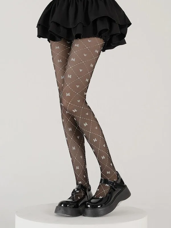 Grid butterfly lolita tights