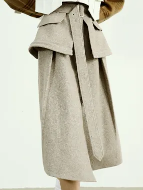 Herringbone Wool Skirt With High Waist Design