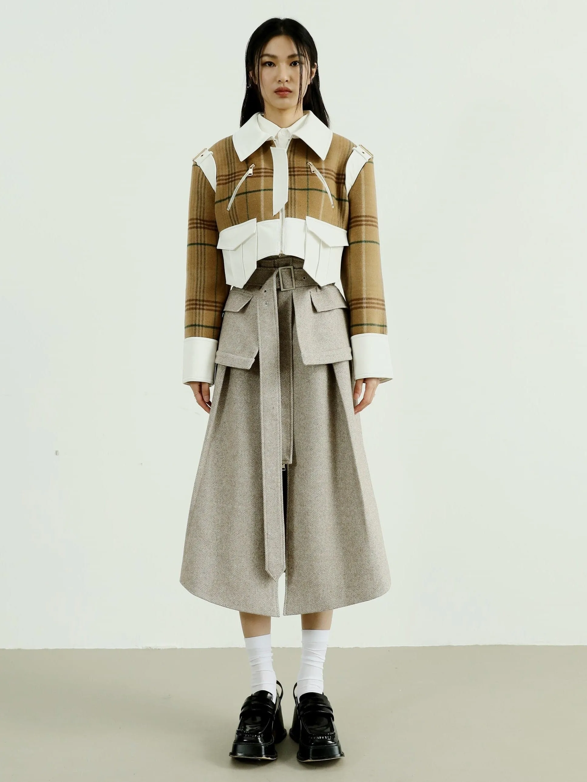 Herringbone Wool Skirt With High Waist Design