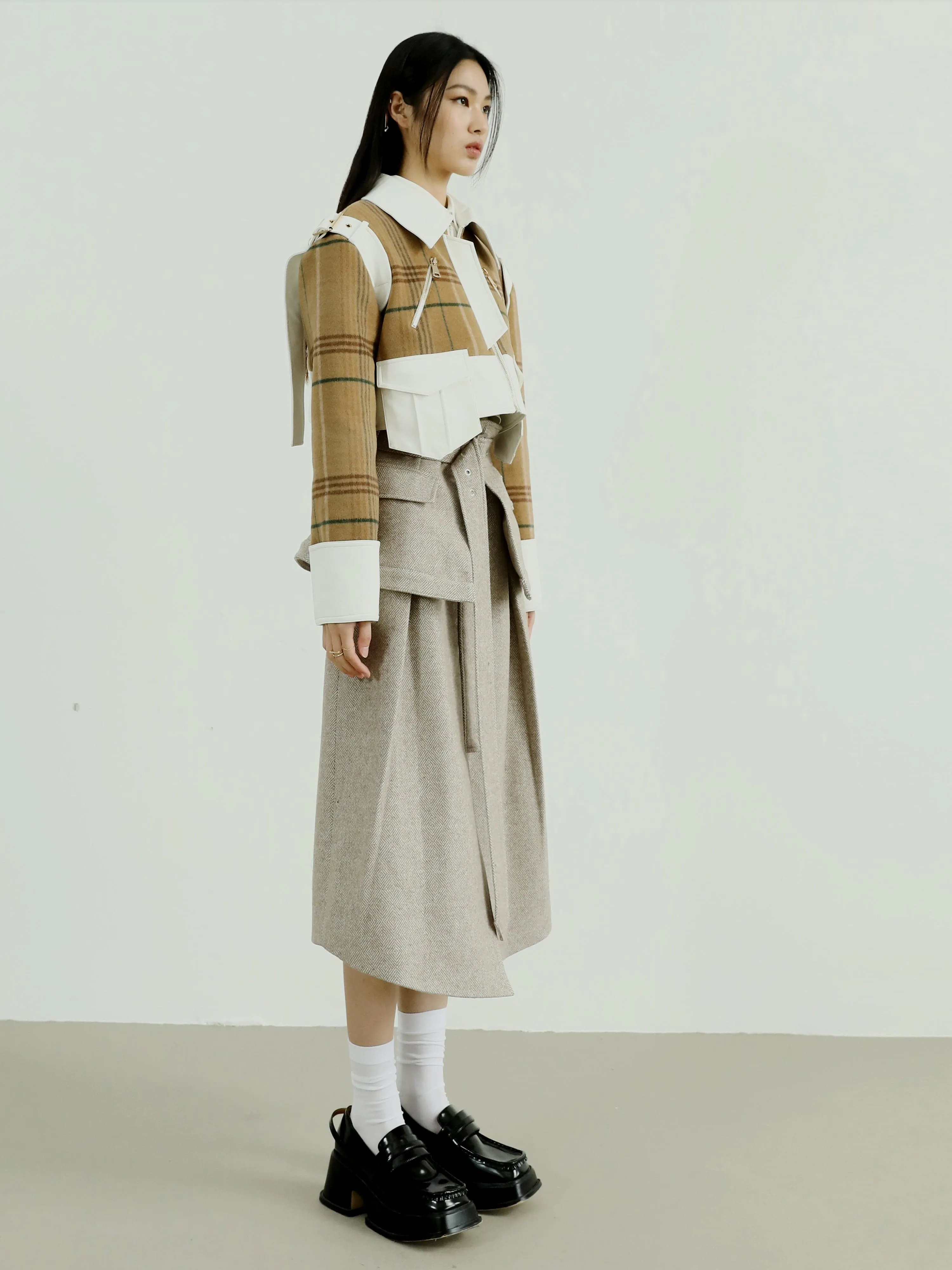 Herringbone Wool Skirt With High Waist Design
