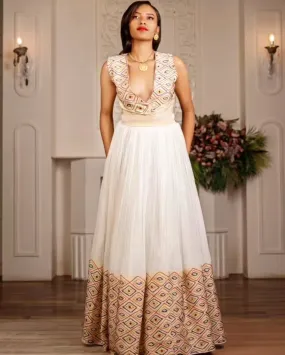 Intricate Design On Habesha Dress: Modern Design on Sleeveless Traditional Ethiopian Dress Elegant Habesha Kemis