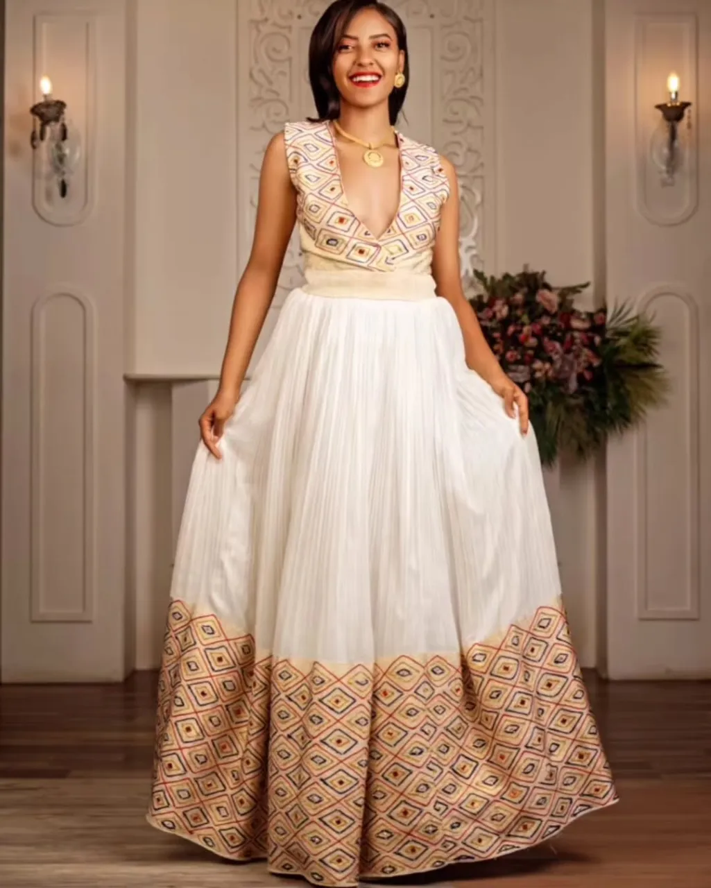 Intricate Design On Habesha Dress: Modern Design on Sleeveless Traditional Ethiopian Dress Elegant Habesha Kemis