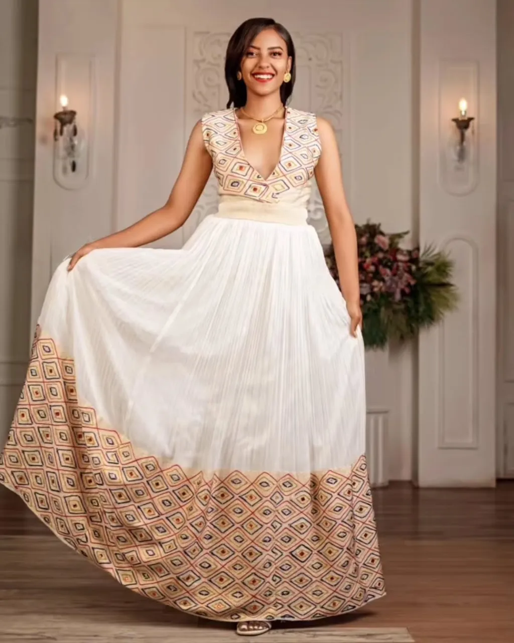 Intricate Design On Habesha Dress: Modern Design on Sleeveless Traditional Ethiopian Dress Elegant Habesha Kemis