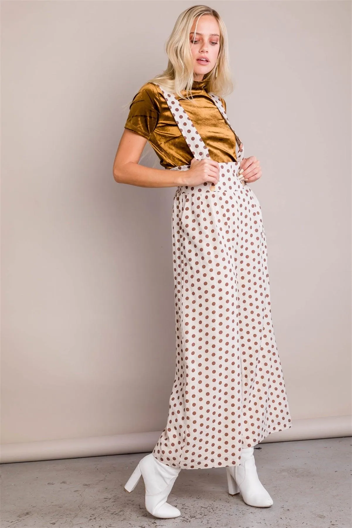 Ivory & Brown Polkadot Pleated Maxi Wide Leg Jumpsuit Overall /2-2-2