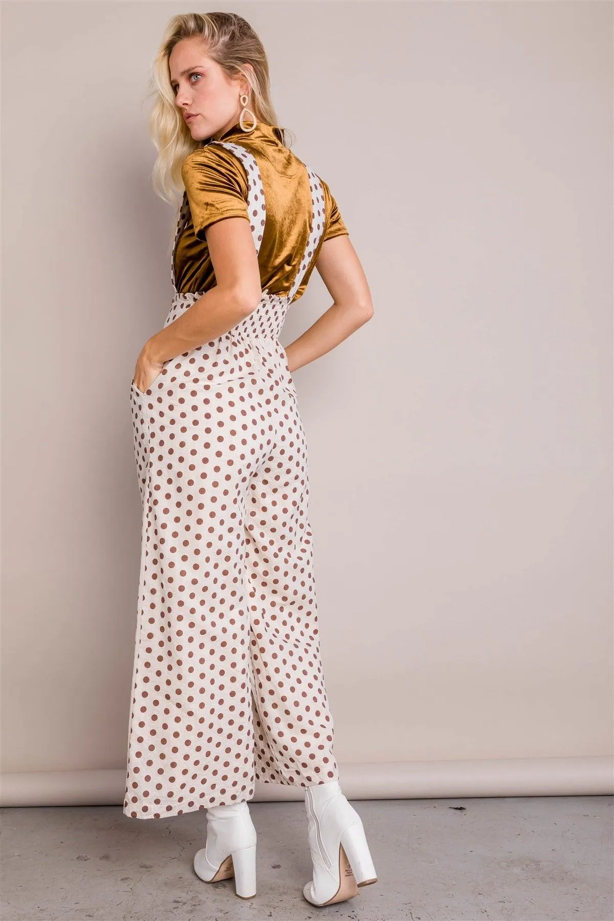 Ivory & Brown Polkadot Pleated Maxi Wide Leg Jumpsuit Overall /2-2-2