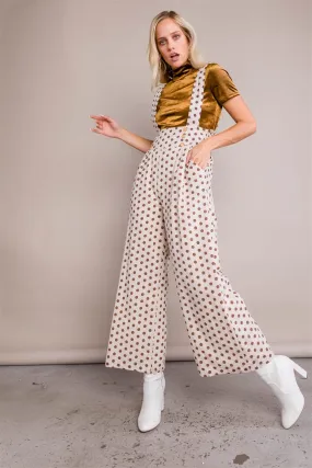 Ivory & Brown Polkadot Pleated Maxi Wide Leg Jumpsuit Overall /2-2-2