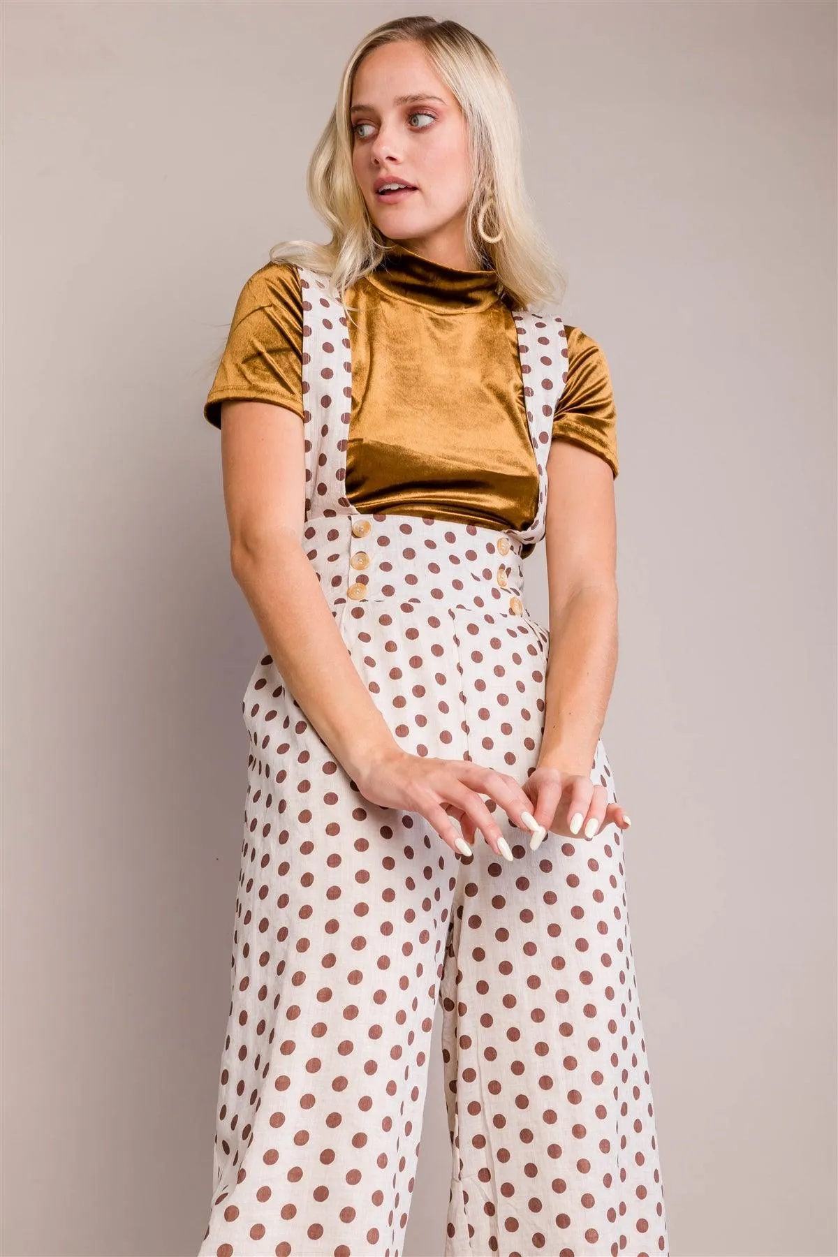 Ivory & Brown Polkadot Pleated Maxi Wide Leg Jumpsuit Overall /2-2-2