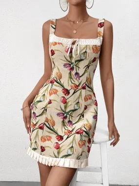 Jacquard Tie Front Ruffle Hem Bodycon Dress