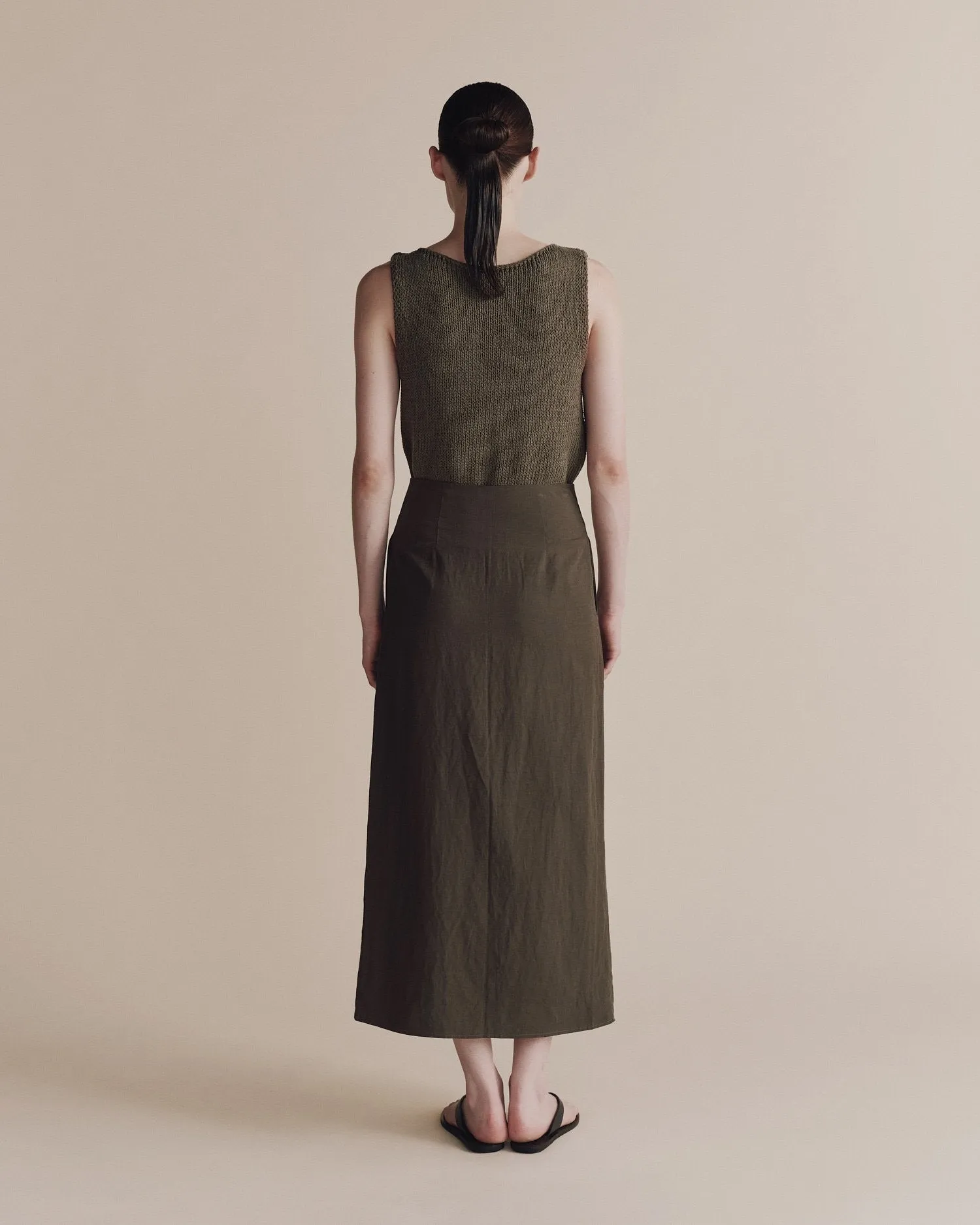 Linen Blend Maxi Wrap Skirt - Olive