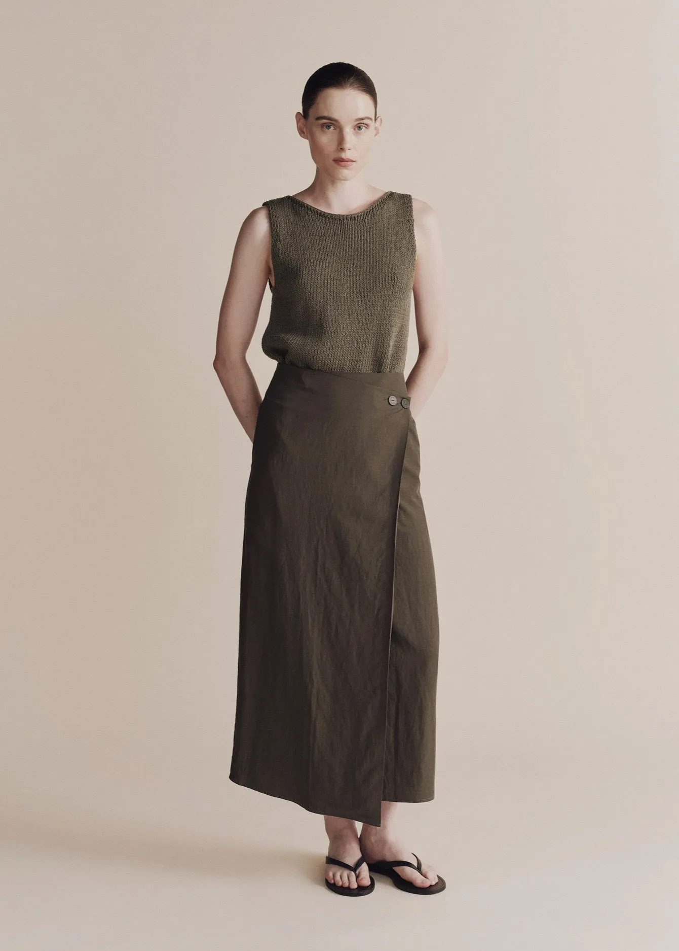 Linen Blend Maxi Wrap Skirt - Olive