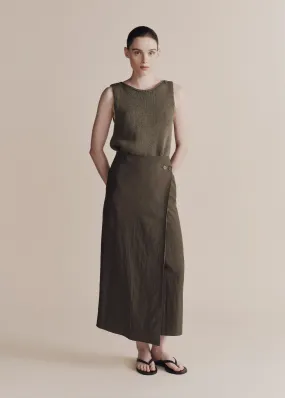 Linen Blend Maxi Wrap Skirt - Olive