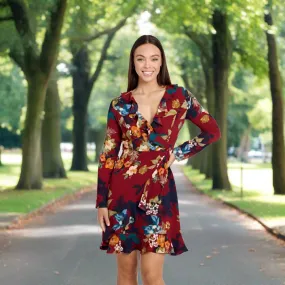 Long Sleeve Floral Fake Wrap Dress - Red
