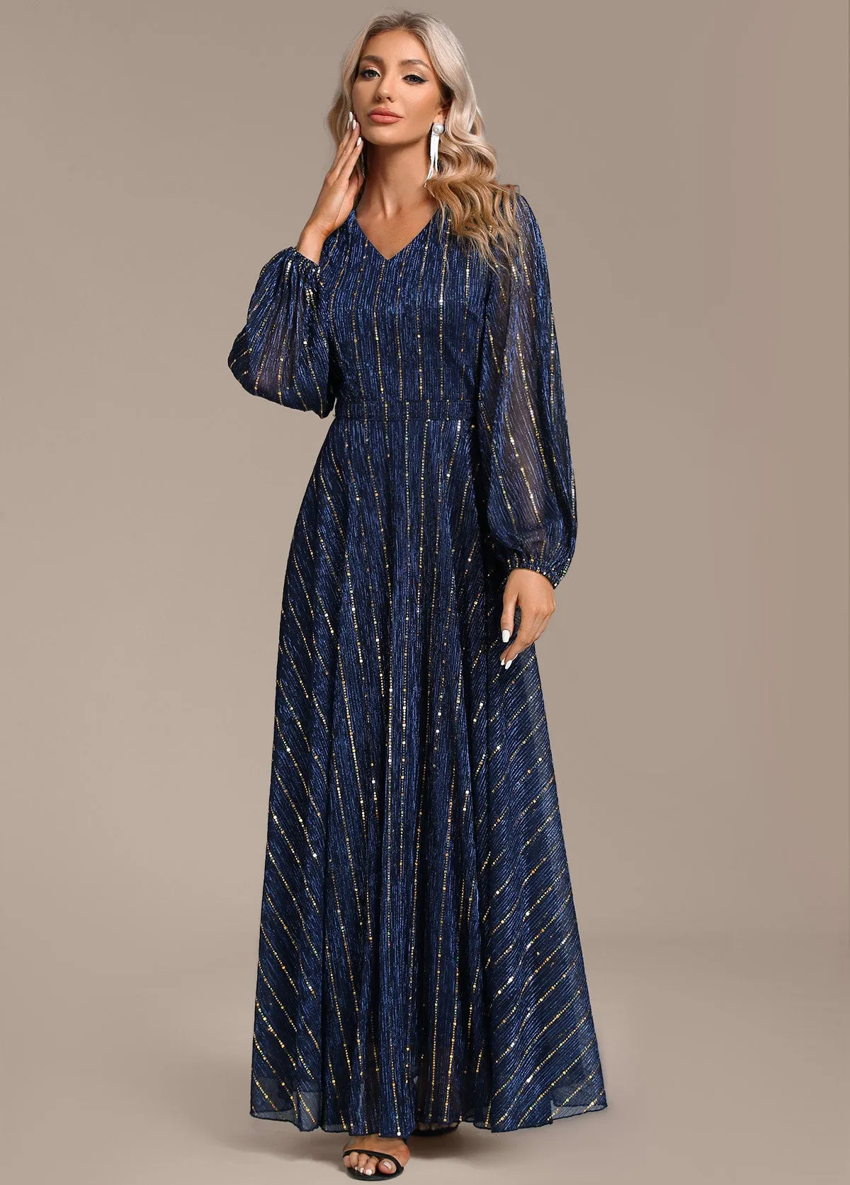Long Sleeve Sequin A Line Formal Dress