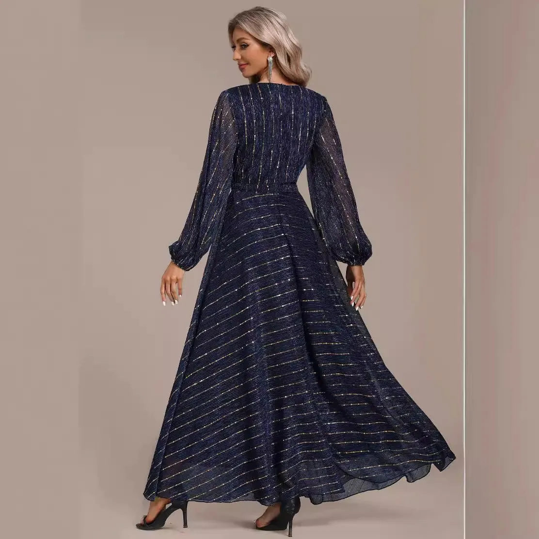 Long Sleeve Sequin A Line Formal Dress