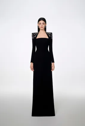 Long Sleeve Trapezoid Neckline Bodycon Full Black Dress - Nina