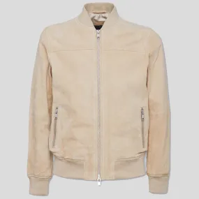 Men Beige Suede Bomber Jacket