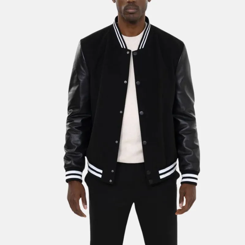 Men's Black Letterman Bomber Jacket With Leather Sleeves
