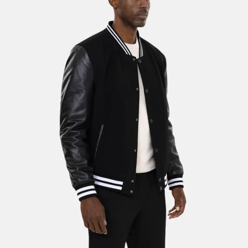 Men's Black Letterman Bomber Jacket With Leather Sleeves