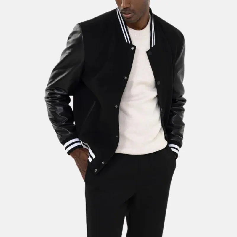 Men's Black Letterman Bomber Jacket With Leather Sleeves