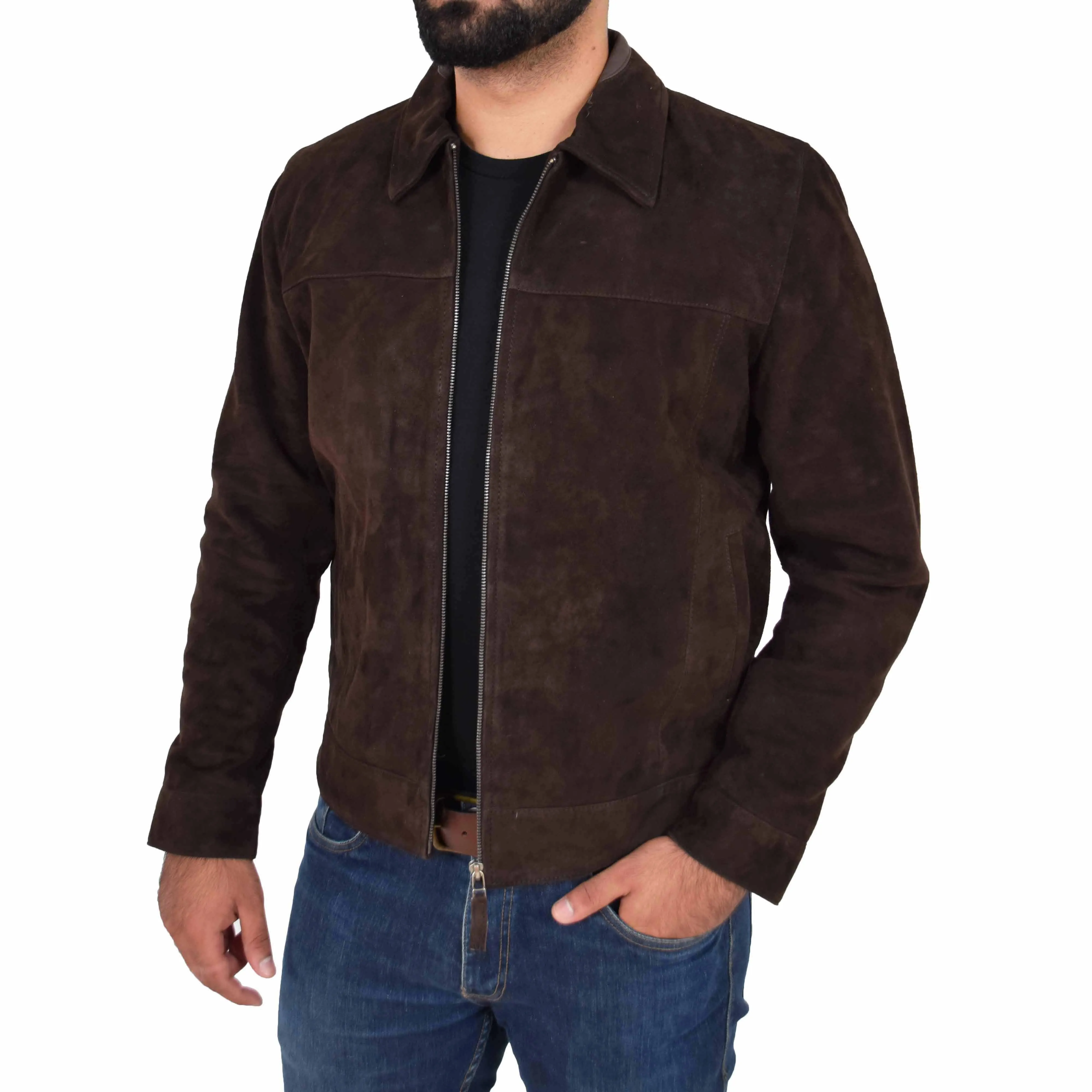 Mens Genuine Soft Suede Zip Jasper Blouson Jacket Baxter Brown