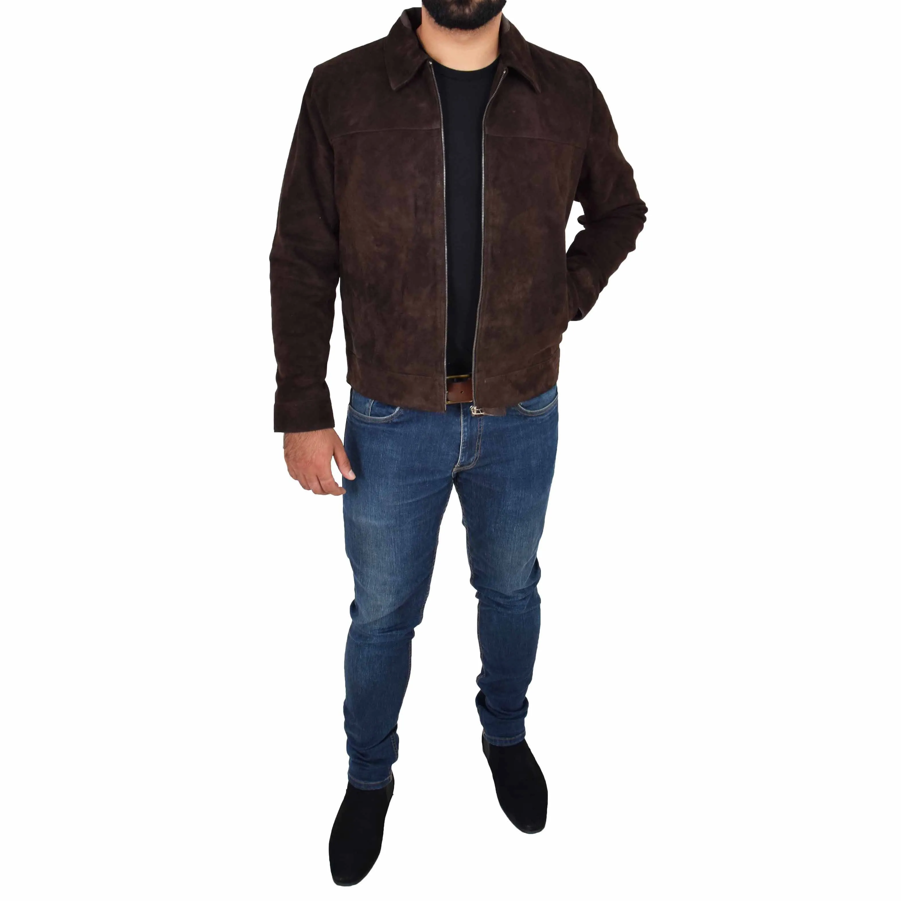 Mens Genuine Soft Suede Zip Jasper Blouson Jacket Baxter Brown