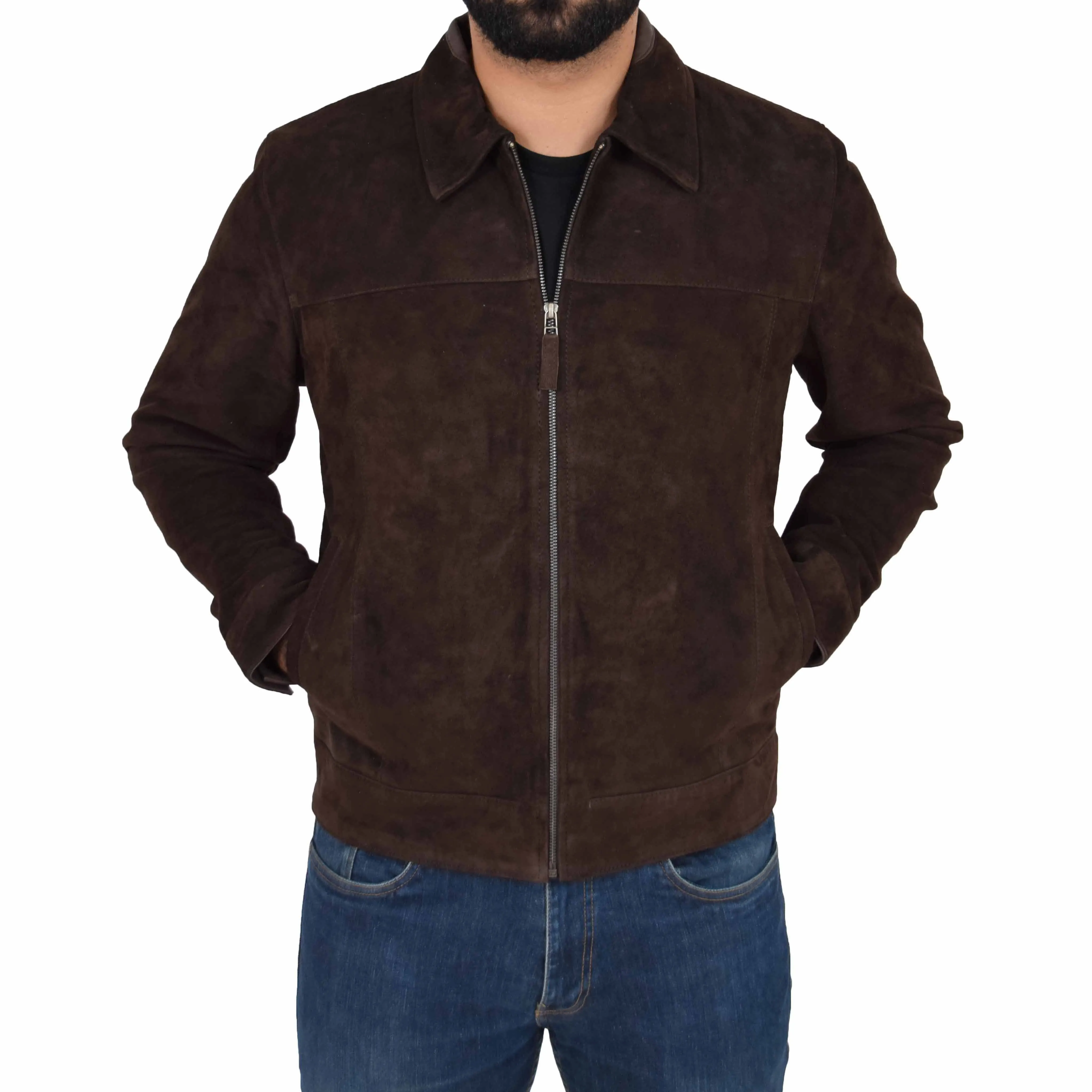 Mens Genuine Soft Suede Zip Jasper Blouson Jacket Baxter Brown
