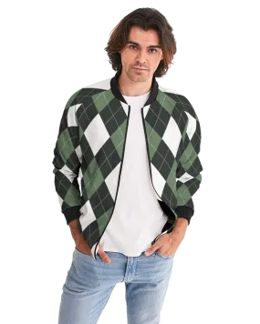 Mens Jacket - Tartan Plaid Trendy Bomber Jacket Green/White