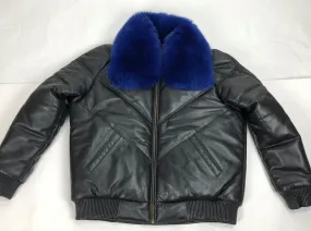 Men's V-Bomber Black Premium Royal Blue Fox Collar