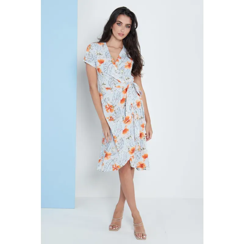 Midi Wrap Dress in Blue Floral Print