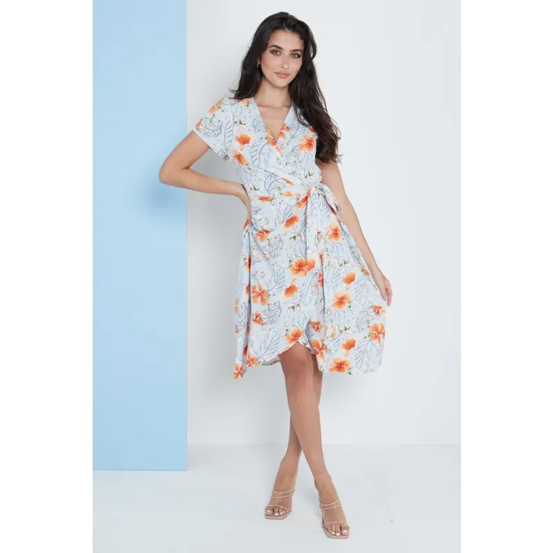 Midi Wrap Dress in Blue Floral Print