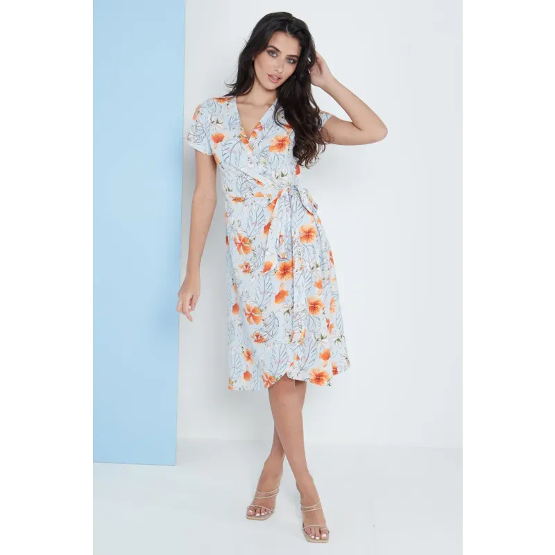 Midi Wrap Dress in Blue Floral Print