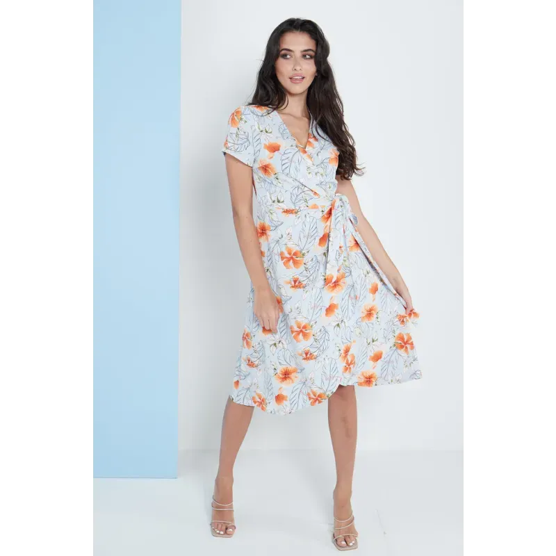 Midi Wrap Dress in Blue Floral Print
