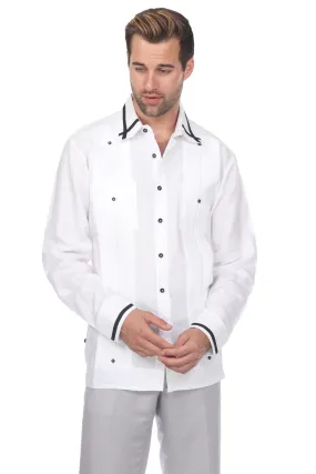 Mojito Men's Guayabera Shirt Long Sleeve 100% Linen with Stylish Stripe Trim