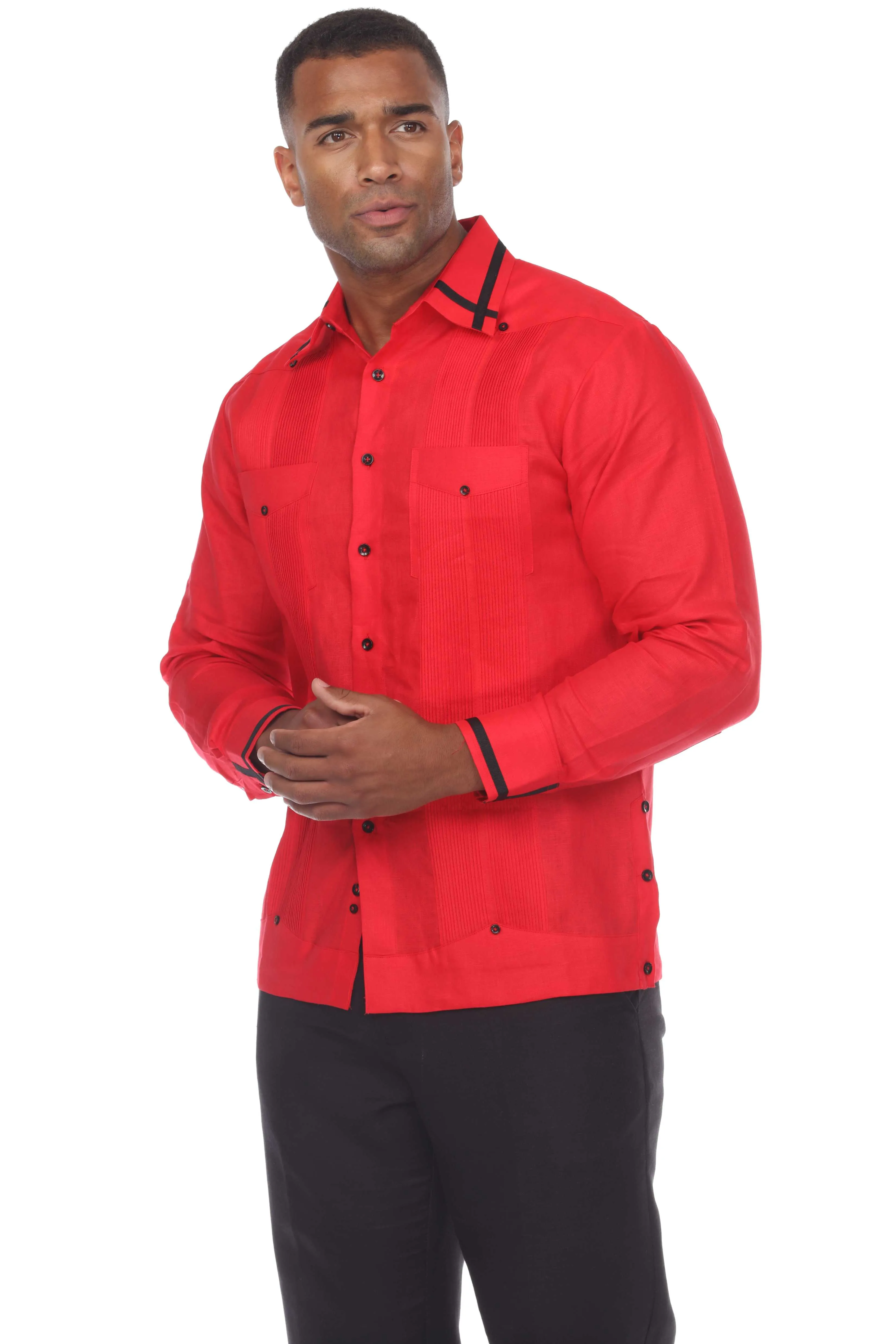 Mojito Men's Guayabera Shirt Long Sleeve 100% Linen with Stylish Stripe Trim
