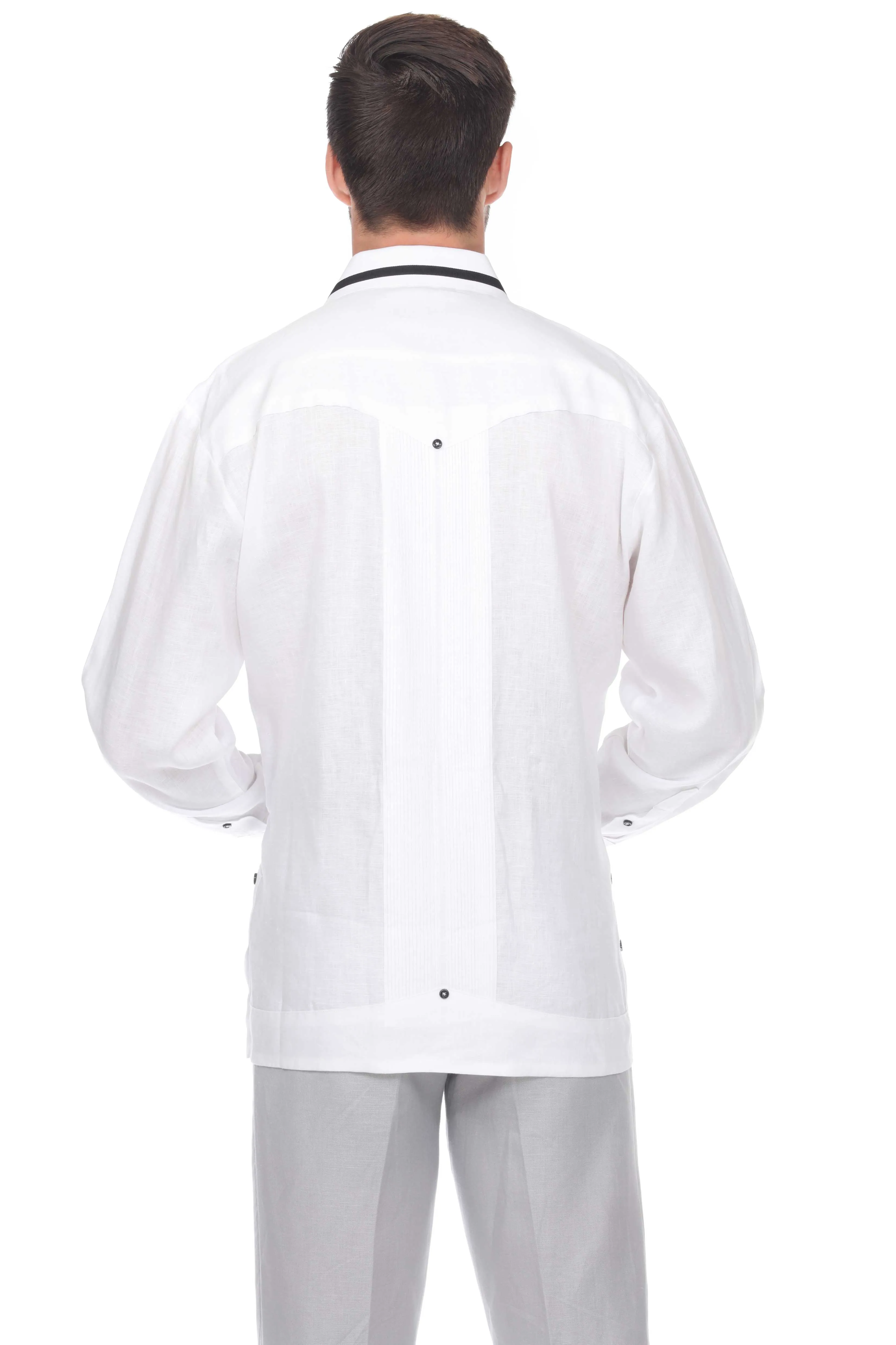 Mojito Men's Guayabera Shirt Long Sleeve 100% Linen with Stylish Stripe Trim