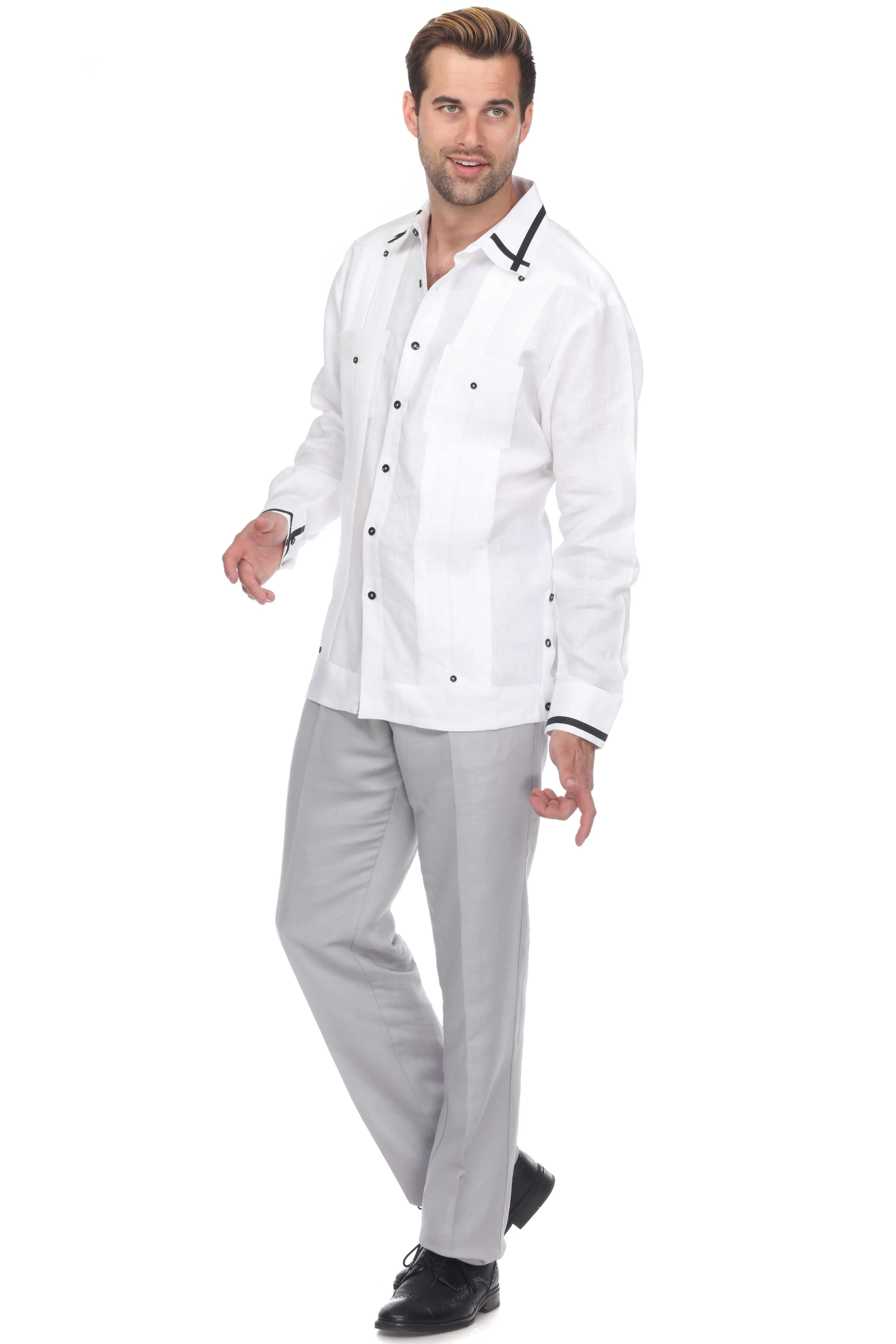 Mojito Men's Guayabera Shirt Long Sleeve 100% Linen with Stylish Stripe Trim