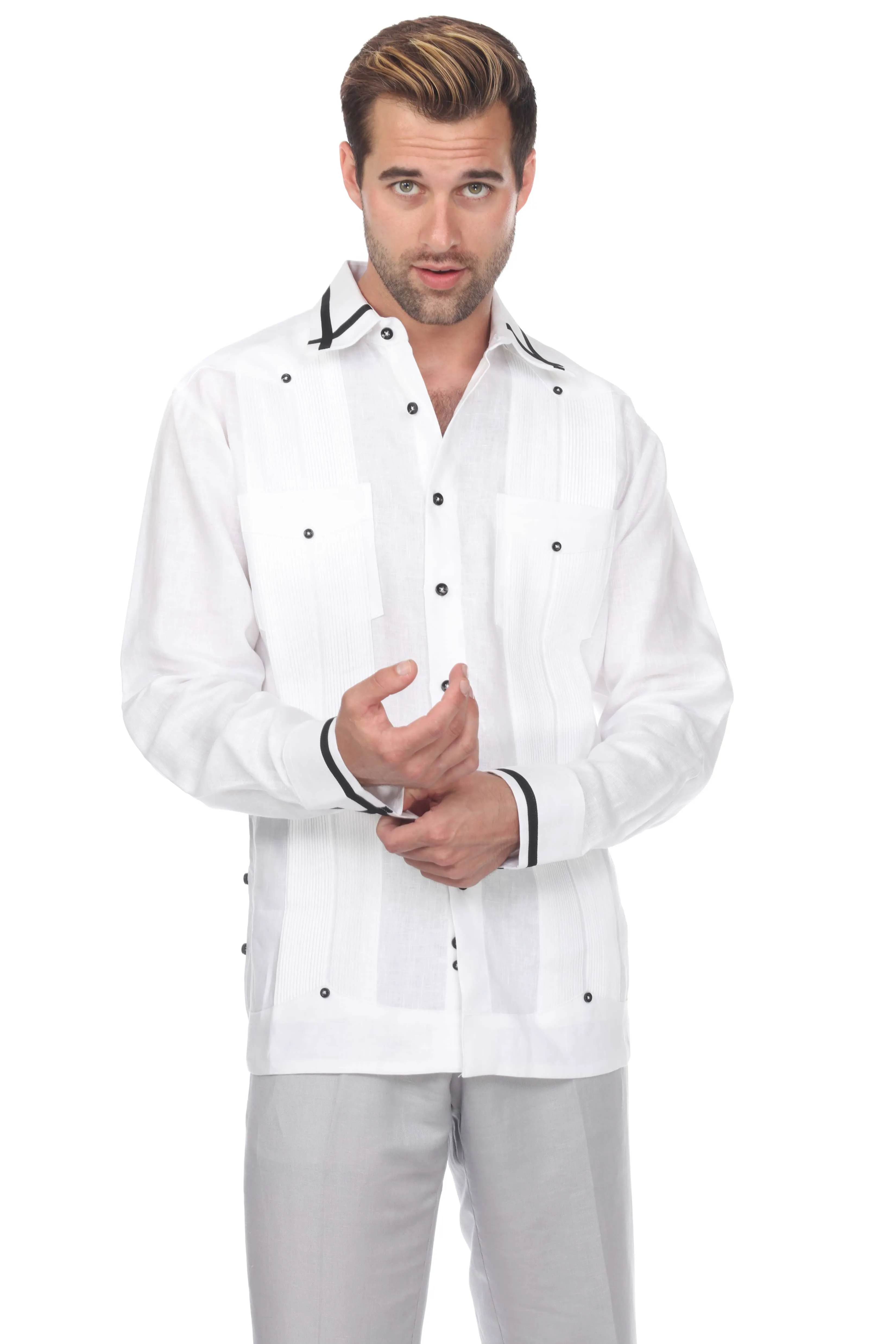 Mojito Men's Guayabera Shirt Long Sleeve 100% Linen with Stylish Stripe Trim