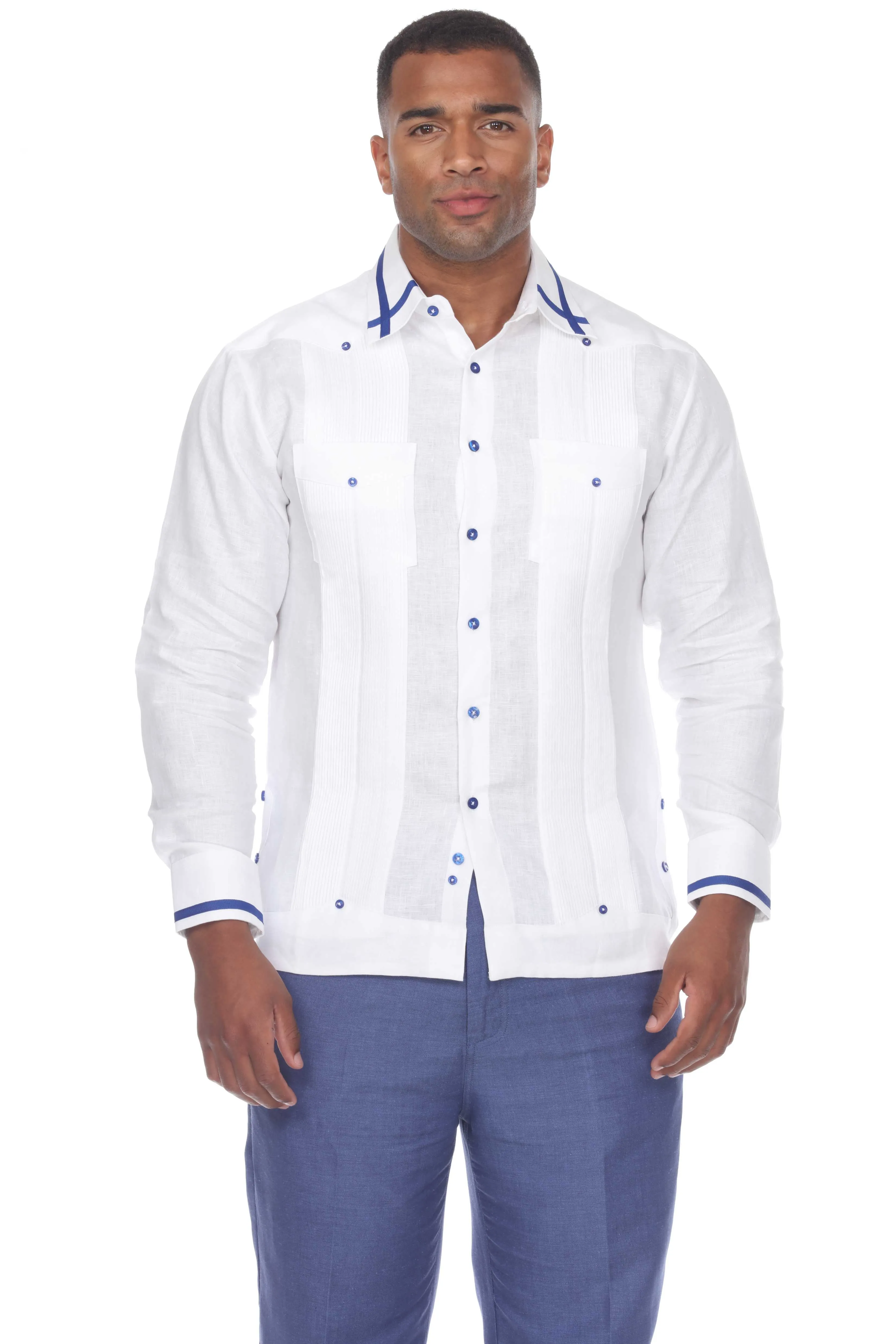 Mojito Men's Guayabera Shirt Long Sleeve 100% Linen with Stylish Stripe Trim